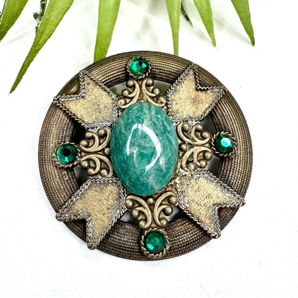 Vintage 70s Celtic Amazonite Stone Green Rhinestone Bronze Tone Regal Brooch Pin
